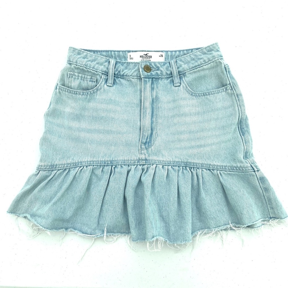 Y2K Hollister Pleated Denim Mini Skirt Raw Hem Western Cowgirl Blue Festival